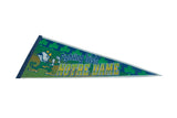 Green and blue vintage Notre Dame pennant with the Fighting Irish leprechaun mascot.