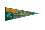 Michigan State Spartans 2000 National Champions green felt pennant, helmet and basketball design, 12x30 inches.