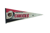 Vintage 1990s Vancouver Canucks felt pennant with red, black, and yellow team logo.