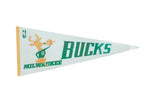 Vintage Milwaukee Bucks triangular felt pennant with green text and orange deer logo, 12x30.