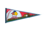 Vintage Toledo Mudhens felt pennant with red, white, blue mascot design, 12x30 inches.
