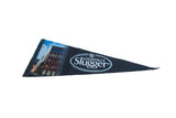 Angled view of the black Louisville Slugger pennant, showing its graphic and logo.