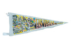 Vintage Las Vegas felt pennant flag featuring colorful 1990s retro graphics of strip casinos.