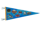 Blue felt Cedar Point Rollercoasters pennant with colorful ride logos, yellow edge, and ties.