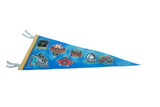 Vintage blue felt Cedar Point pennant detail: white ties, yellow trim, and ride logos.