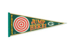 Vintage Green Bay Packers felt pennant with a red target and yellow 'Jump Here!' lettering.