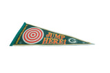 Close-up of the vintage Packers pennant's wide end showing the vertical team name and maker's mark.