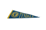 Angled view showing the yellow stitched edge and college seal of the Tyndale pennant.