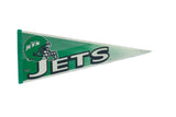 Vintage New York Jets felt pennant with green helmet logo and lettering, 12x30 inches.