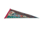 Vintage San Francisco 49ers felt pennant, showing helmet, football, and green field graphics.