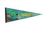 Vintage Green Bay Packers felt pennant with a colored-in football helmet and field design.