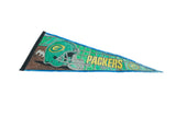 Hand-colored helmet and football field graphics on a vintage Packers felt pennant.