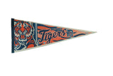 Vintage Detroit Tigers felt pennant with an orange, navy, and cream roaring tiger head graphic.