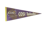Vintage Cosi Toledo felt pennant flag in purple with a yellow spine and white text.
