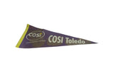Purple and yellow Cosi Toledo pennant with visible creases and an aged felt patina.