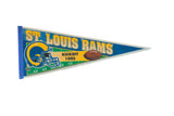 Saint Louis Rams Kick Off 1995 felt pennant, blue with helmet and football graphics.
