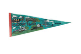 Mackinac Island Michigan felt pennant in teal, showing vintage landmark illustrations, 12x30 inches.