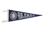 Vintage De Paul University Chicago Illinois felt pennant, dark blue with white crest and text.