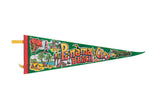 Panama Beach Florida Felt Flag Pennant, vintage circa 1970s, green with colorful resort scenes.