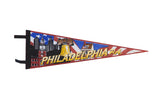 Vintage Philadelphia PA felt pennant with skyline, Liberty Bell, and American flag graphics.