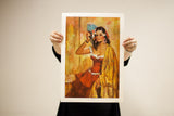 Rico Tomaso The Contessa Lithograph: woman in red dress, yellow shawl, blue fan.