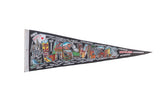 A black felt Las Vegas Nevada pennant with colorful retro graphics of casinos and local landmarks.