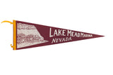 Vintage 1960s Lake Mead Marina Nevada felt pennant in maroon, cream, and yellow, 9x27 inches.