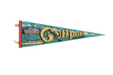 Vintage Gulfport Mississippi felt flag pennant with a retro graphic of boats and a dolphin.