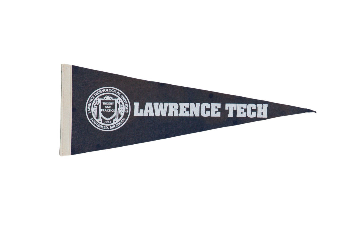 Vintage Lawrence Technological University felt pennant, dark felt with white graphics, 9x24 inches.