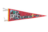 Vintage red felt Illinois pennant with colorful illustrations of state landmarks and symbols.