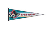 Detroit Pistons felt pennant, vintage 1990s, teal, orange, white, with horse logo.