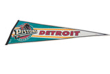 Red 'DETROIT' text on a vintage Detroit Pistons felt pennant, with minor creases and markings.