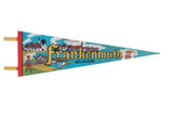 Vintage Frankenmuth Michigan felt pennant with colorful illustrations of the Bavarian-style town.
