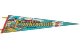 Vintage Frankenmuth felt pennant shown from an angle, highlighting its triangular shape and design.