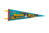 Vintage Munising Michigan felt flag pennant with a teal body, yellow lettering, and scenic graphics.