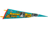 Illustrated Pictured Rocks cliffs and a tour boat on a vintage Munising pennant.