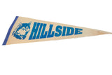 Vintage Hillside Huskies felt pennant with blue husky graphic shown at an angle.