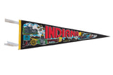 Vintage 1970s Indiana felt pennant, black with red lettering and vibrant state symbols, 9x27.