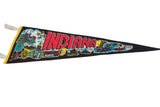 Vintage Indiana felt pennant: red 'INDIANA' lettering, state capitol, cardinal, covered bridge.
