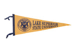 Vintage Lake Superior State University felt pennant, yellow with dark blue text and crest, 9x24.