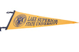 Lake Superior State University navy seal on goldenrod felt, exhibiting minor markings.