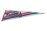 Close-up of Atlanta Braves script with red tomahawk and blue stripes.