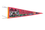 Vintage Michigan Felt Flag Pennant, red with yellow trim, featuring state icons and landmarks, circa 1980s, 9x27.