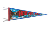 Vintage Hoover Dam souvenir felt pennant in blue with a colorful dam graphic and red text.