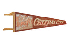 Vintage Central City Colorado felt pennant in terracotta with a historic prospector graphic.