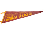 Vintage Ferris State felt pennant in maroon and gold, shown from a side angle.