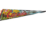 Angled view of vintage Canada felt pennant, with colorful map and national imagery.