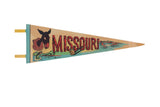 Vintage beige Missouri felt pennant with red text, mule, fish, and water scenes, 8x25 inches.