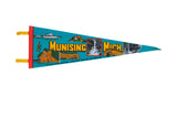 Vintage Munising Michigan felt pennant with Pictured Rocks scenic waterfall and boats, 8x25.