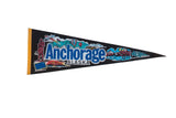 Circa 1980s Anchorage Alaska felt pennant, black with blue text and colorful state designs.